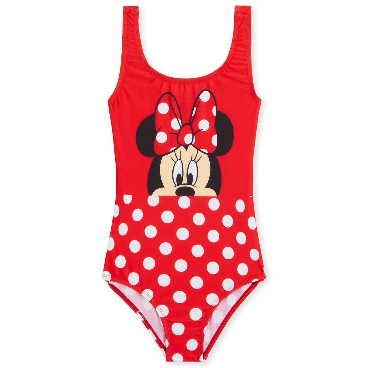 Disney Girls One Piece Swimming Costume, Comfortable Stretchy Swimsuit - Girls Gifts (Red Minnie, 4-5 Years)