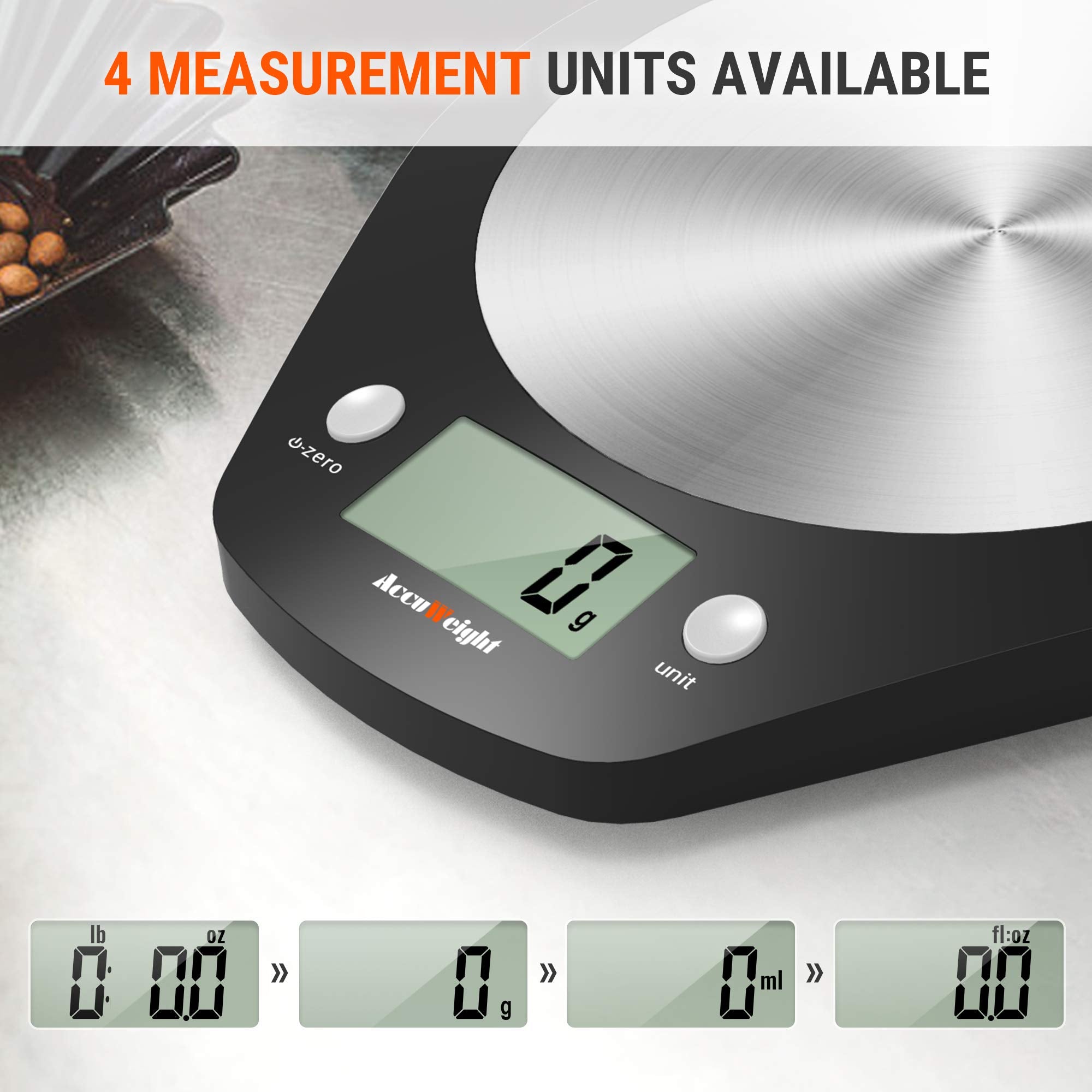 ACCUWEIGHT 203 Digital Kitchen Scale, Food or Mail, Electronic, Stainless Steel, Measuring Function for Liquid in ml and fl. oz., 5000g, 0.1 oz increments or 1g