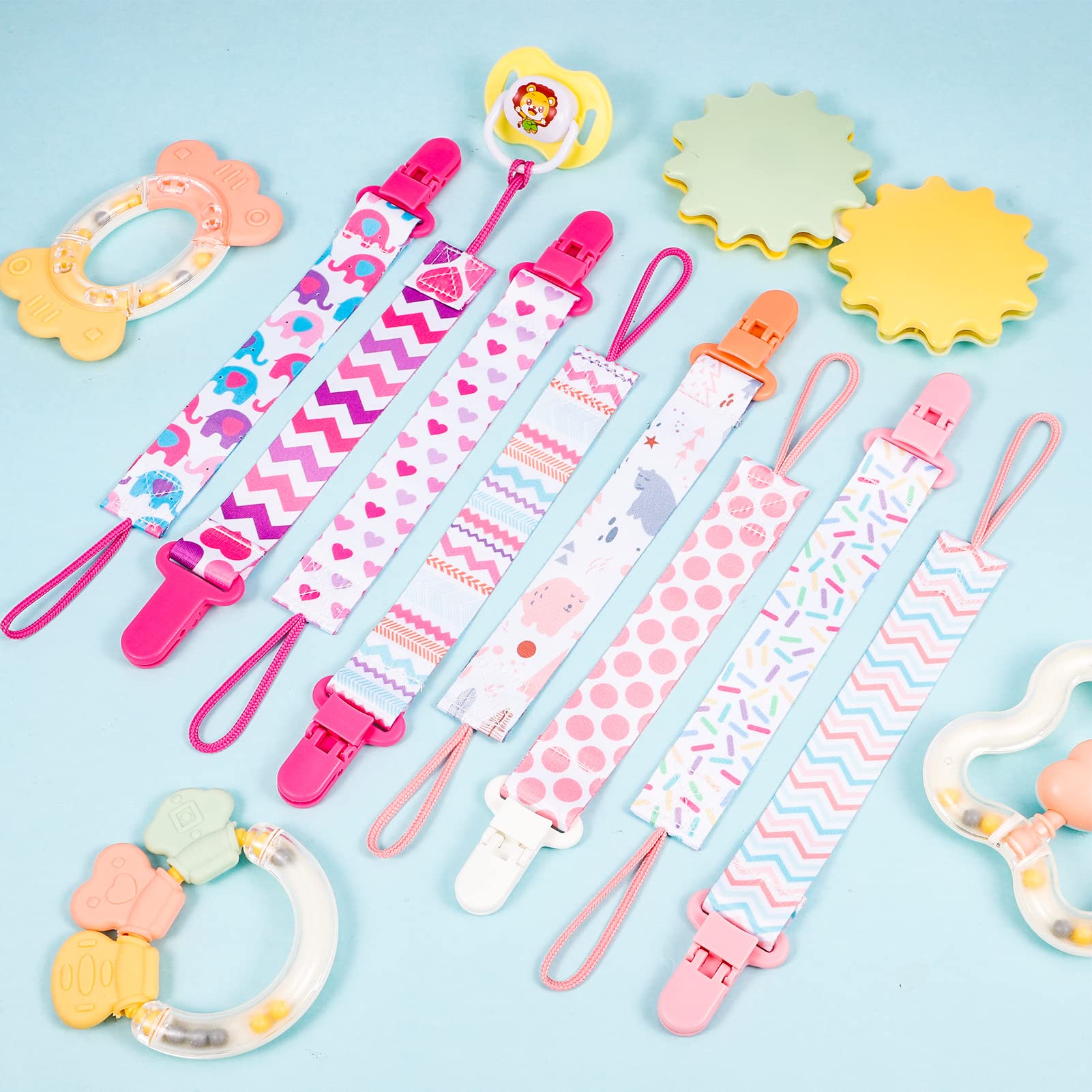 8 Pack Dummy Clip Girls,Pacifier Holders Leashes Set Soother Chains Holder Pacifier Clips Dummy Strap Pacifier Gag Strap Soother Clips for Baby Teething Toys Baby Shower