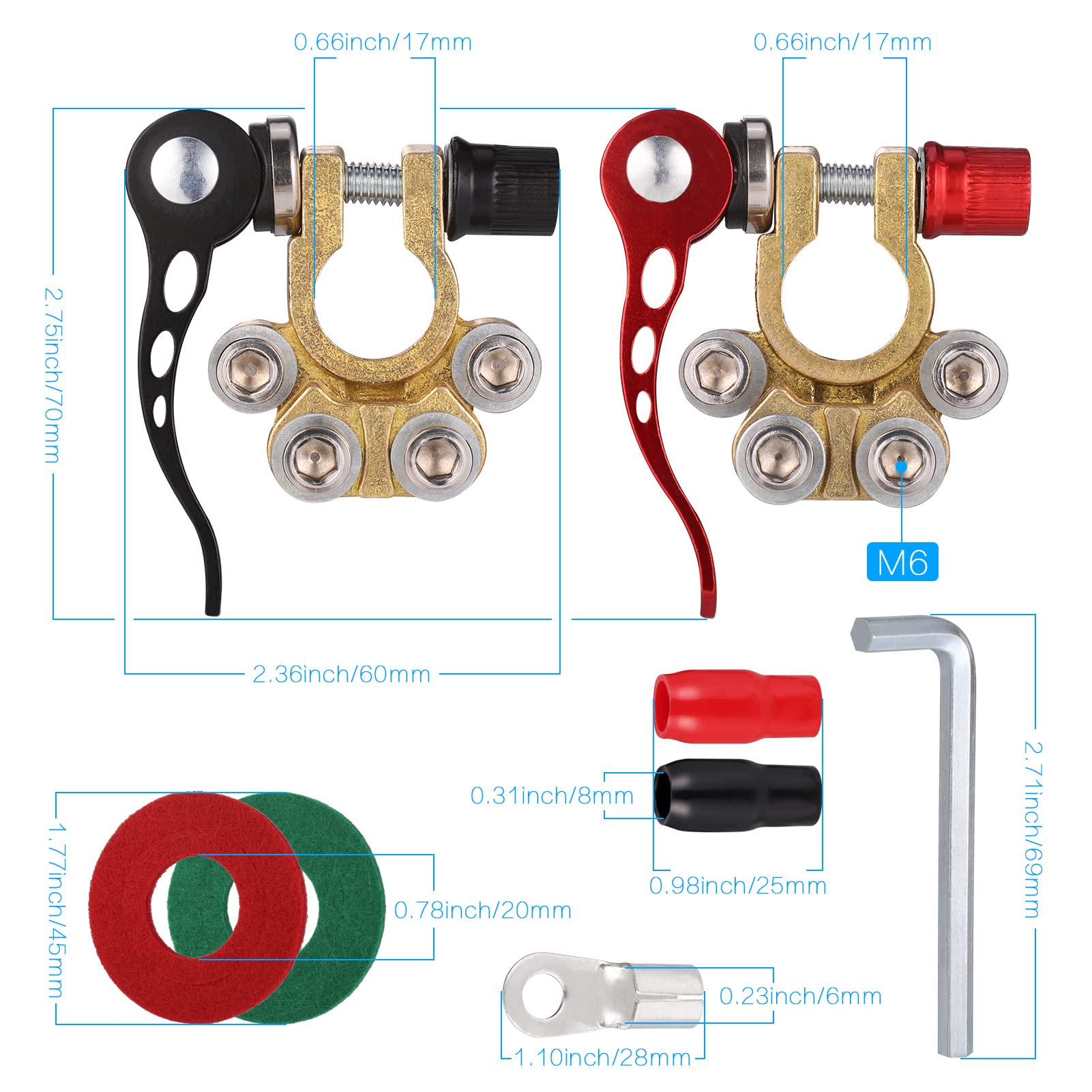 Zocipro 2Pcs Battery Terminal Connectors, 4 Way Quick Release Car Battery Terminals Positive Negative Battery Clamp, 12V Car Battery Connectors for Cars Trucks Buses Caravan Motorhome