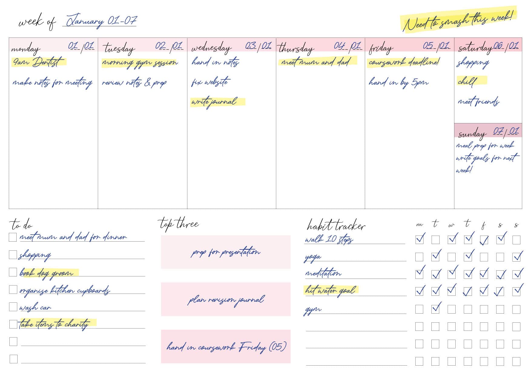 A4 Weekly Planner 52 Week To View Diary Desk Pad Habit Tracker Todo To Do List - Pink