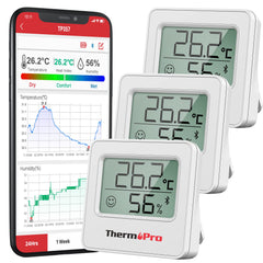 ThermoPro TP357 Room Thermometer Indoor Bluetooth Hygrometer Humidity Meter and Temperature Monitor with Smart App and Data Recording with Humidity Sensor for Baby Room Office, 3 Pieces