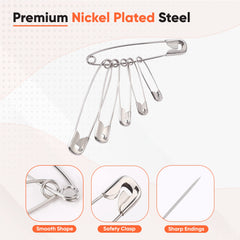 500Pcs Large Safety Pins Assorted 7-Sizes - Strong Nickel Plated Steel, Rust Resistant - Small Safety Pins for Clothes and Ideal for Art & Crafts, DIY, Pinning, Hemming, Dressmaking, Sewing and More