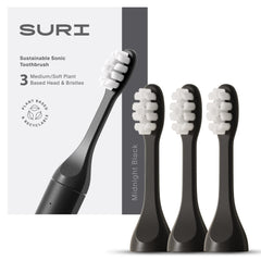 SURI Recyclable Plant-Based, Electric Toothbrush Heads - Built-in Tongue Scraper, Long Lasting Replacement Heads   Compatible Only with SURI Sonic Electric Toothbrush - Midnight Black, Pack of 3