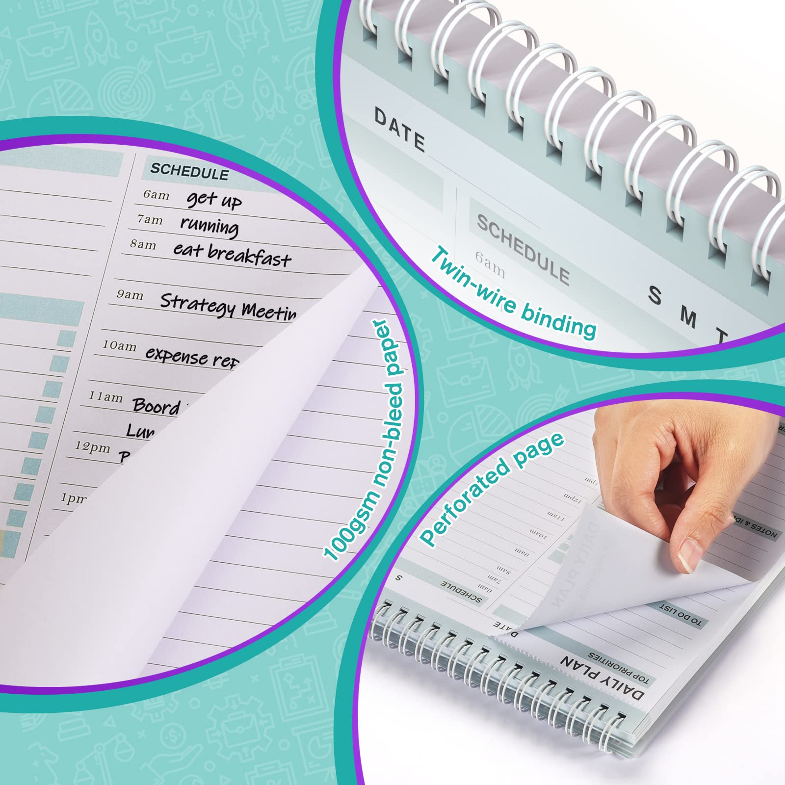 Daily Planner, To Do List Notepad Tear Off, Undated Planner,Spiral Hourly Planner to Do List Notebook, Time Box Planner with PVC Hard Cover, 17.8 x24.5 cm，80 Sheet (Blue)