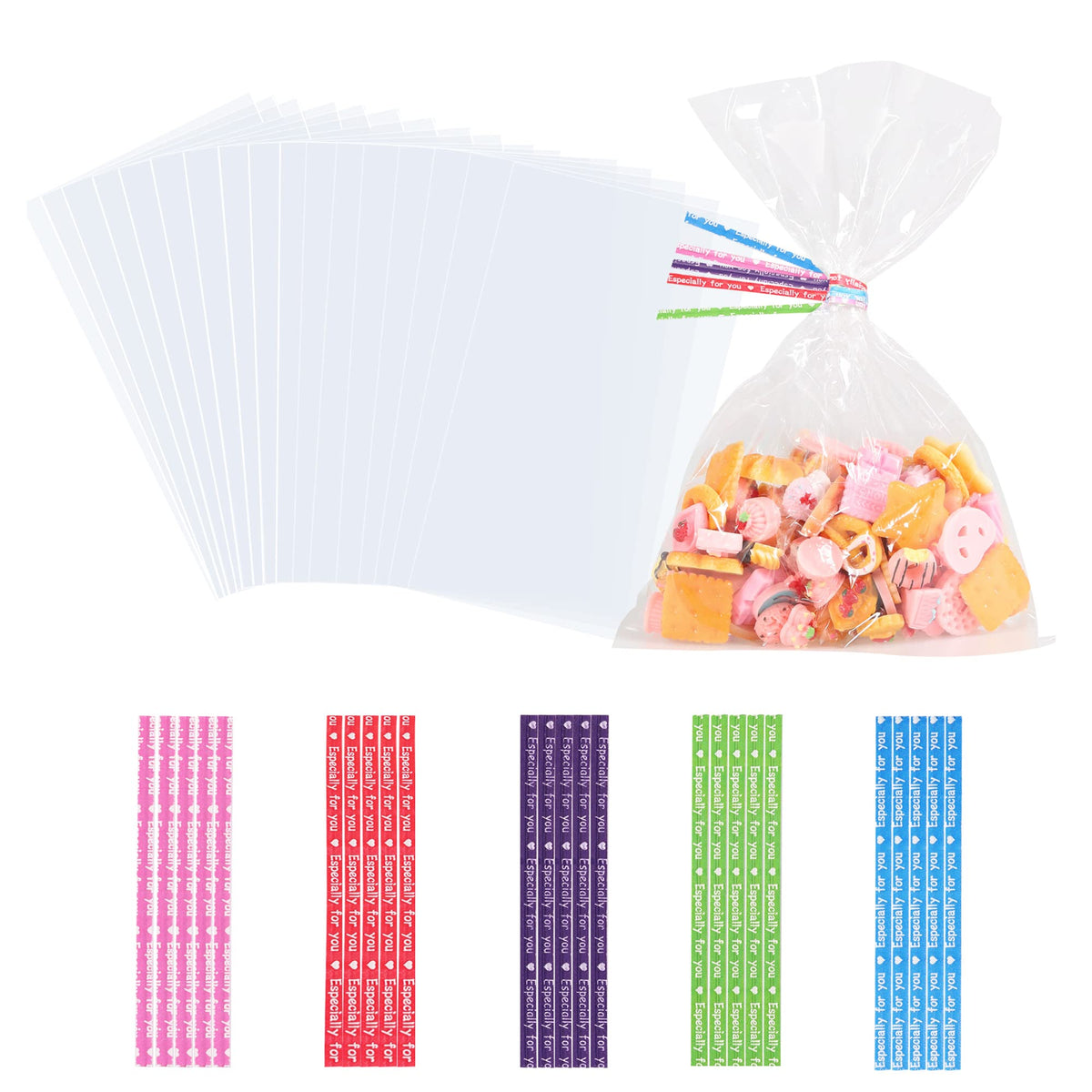 200 Pcs Cellophane Bag, RFWIN 6X10Inches Clear Cello Bags Sweet Cookie Bag with Ribbons, Party Favor Christmas Birthday Gift Treat Bags for Bakery, Popcorn, Candies