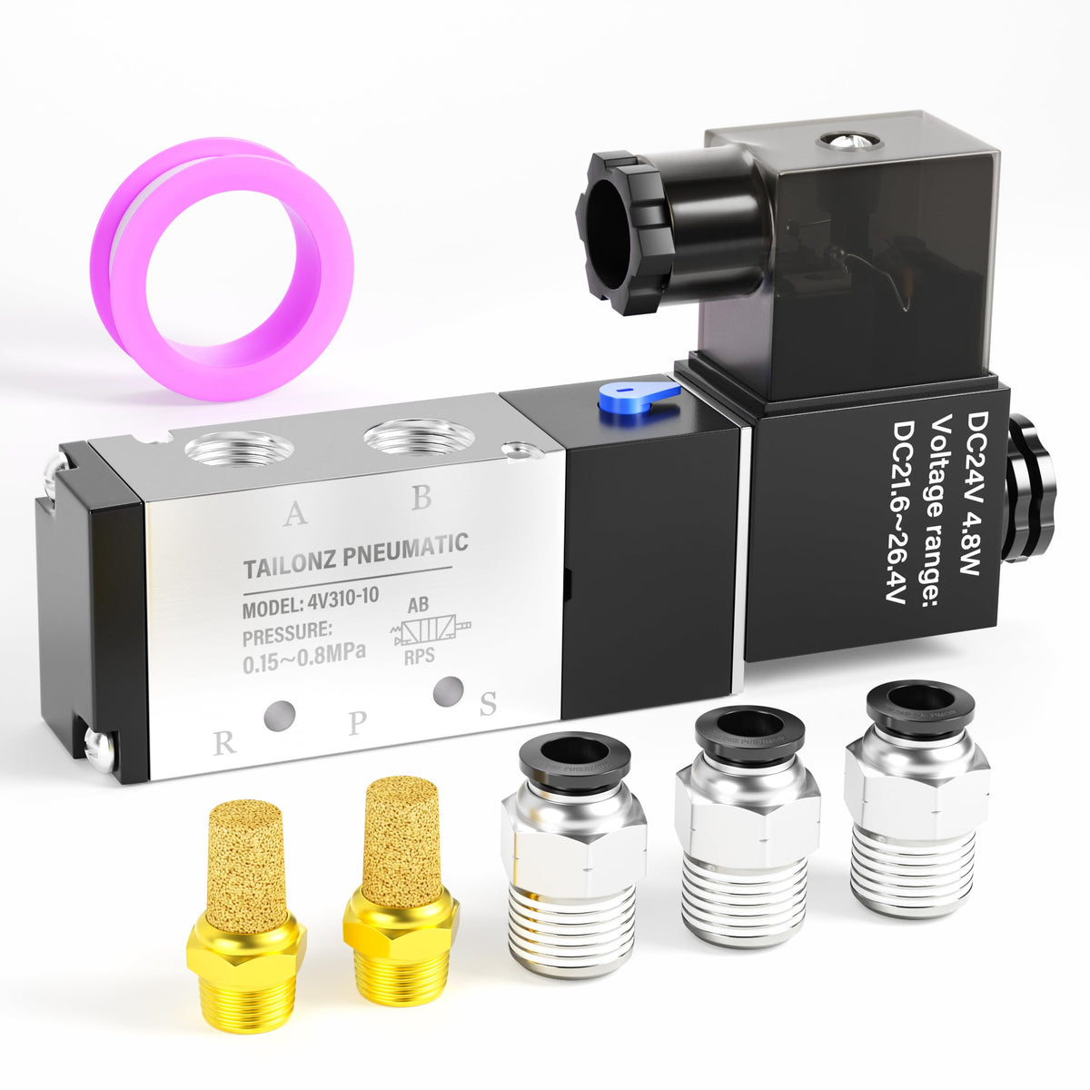 TAILONZ PNEUMATIC 3/8 Inch BSP Solenoid Valve 24V Single Coil Pilot-Controlled Electric 2 Position 5 Way Connection Type 4V310-10