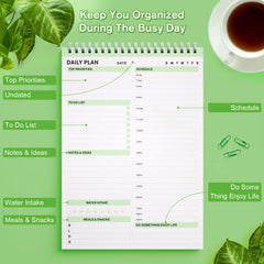 Daily Planner, to Do List Notepad Tear Off, Undated Planner,Spiral Hourly Planner to Do List Notebook, Time Box Planner with PVC Hard Cover, 17.8 x 24.5 cm，80 Sheet (Green)