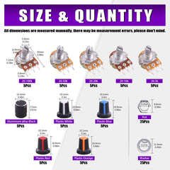 Swpeet 75Pcs B5K 10K 20K 50K 100K Ohm Knurled Shaft Linear Rotary Taper Potentiometer with 5 Different Kinds Knob(WH148) Kit for Tinkering