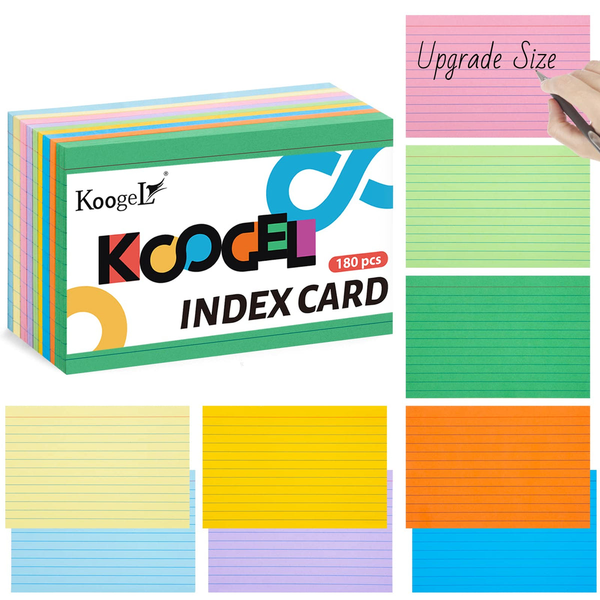 Koogel Ruled Index Cards Paper, A6 Revision Cards Lined 9 Colours Flash Cards 150 x 100mm 6x4 inchesNote Cards Record Cards for School Learning Memo Office 180PCS