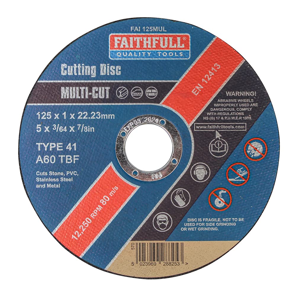 Faithfull FAI12510MUL Extra Thin (1 mm) Fast Cut Cutting Discs 125 mm x 1 mm x 22 mm (5 Inch) 10 Pack with Storage Tin