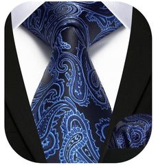 HISDERN Men's Paisley Ties Classic Floral Neckties for Wedding Party Prom Tie & Pocket Square Set Blue & Black