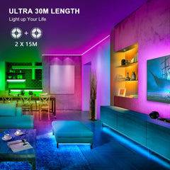 Mexllex LED Strip Lights 30M Music Sync Color Changing RGB LED Strip 24-Key Remote, Sensitive Built-in Mic, App Controlled LED Lights, RGB LED Light Strip(APPandRemoteandMic)