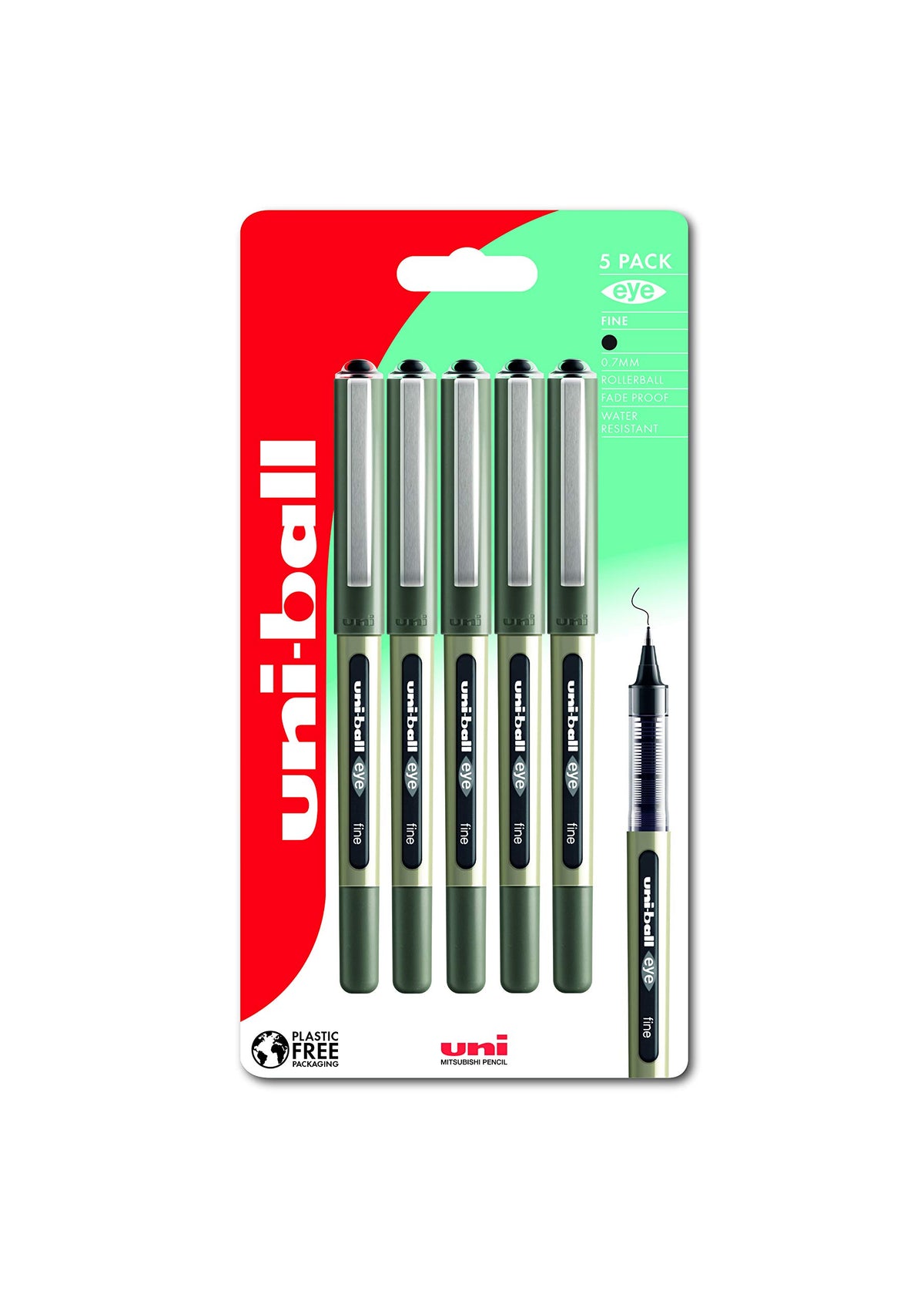 uni-ball Eye UB-157 Black Rollerball Pens. Premium Fine 0.7mm Ballpoint Tip for Super Smooth Handwriting, Drawing, Art, Crafts and Colouring. Fade and Water Resistant Liquid Uni Super Ink. Pack of 5