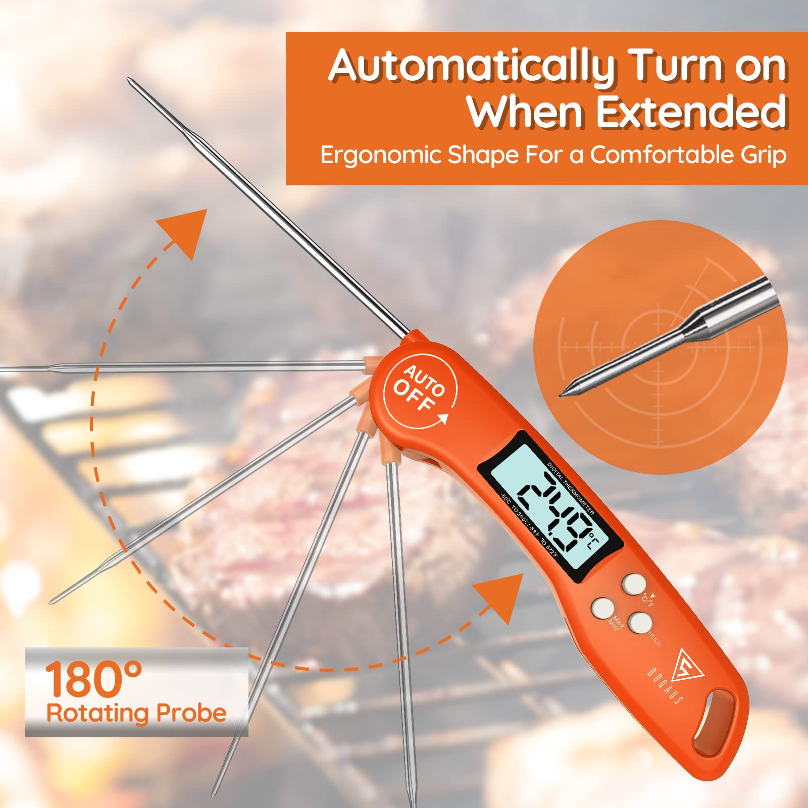 DOQAUS Food Thermometer, Instant Read Meat Thermometers, Digital Cooking Thermometer, Backlight LCD Screen Foldable Long Probe & Auto On/Off, Perfect for Kitchen Cooking, BBQ, Water,Meat, Milk(Orange)