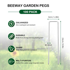 BEEWAY Garden Pegs - Pack 100 6 inches/150mm Φ3mm Galvanised Steel Landscape Staples, Strong U-Shaped Ground Stakes for Securing Weed Control Membrane, Fabric, Artifical Grass, Matting, Netting, Hoses