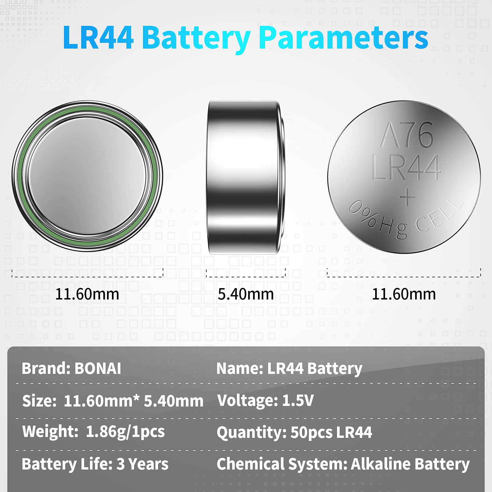 50 x AG13 LR44 Batteries Alkaline Button Cell Battery by BONAI, LR44 AG13 A76 357 303 SR44 1.5V Button Battery