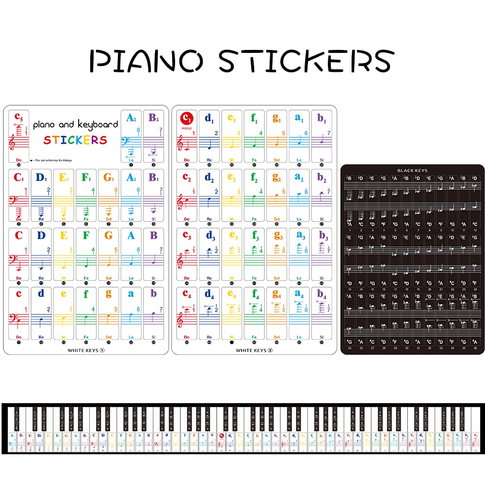 Imelod Keyboard or Piano Stickers for 49/61/76/88 Key,Piano and Keyboard Music Note Full Set Stickers for White and Black Keys, Transparent and Removable,Perfect for Kids and Beginners(Colorful)