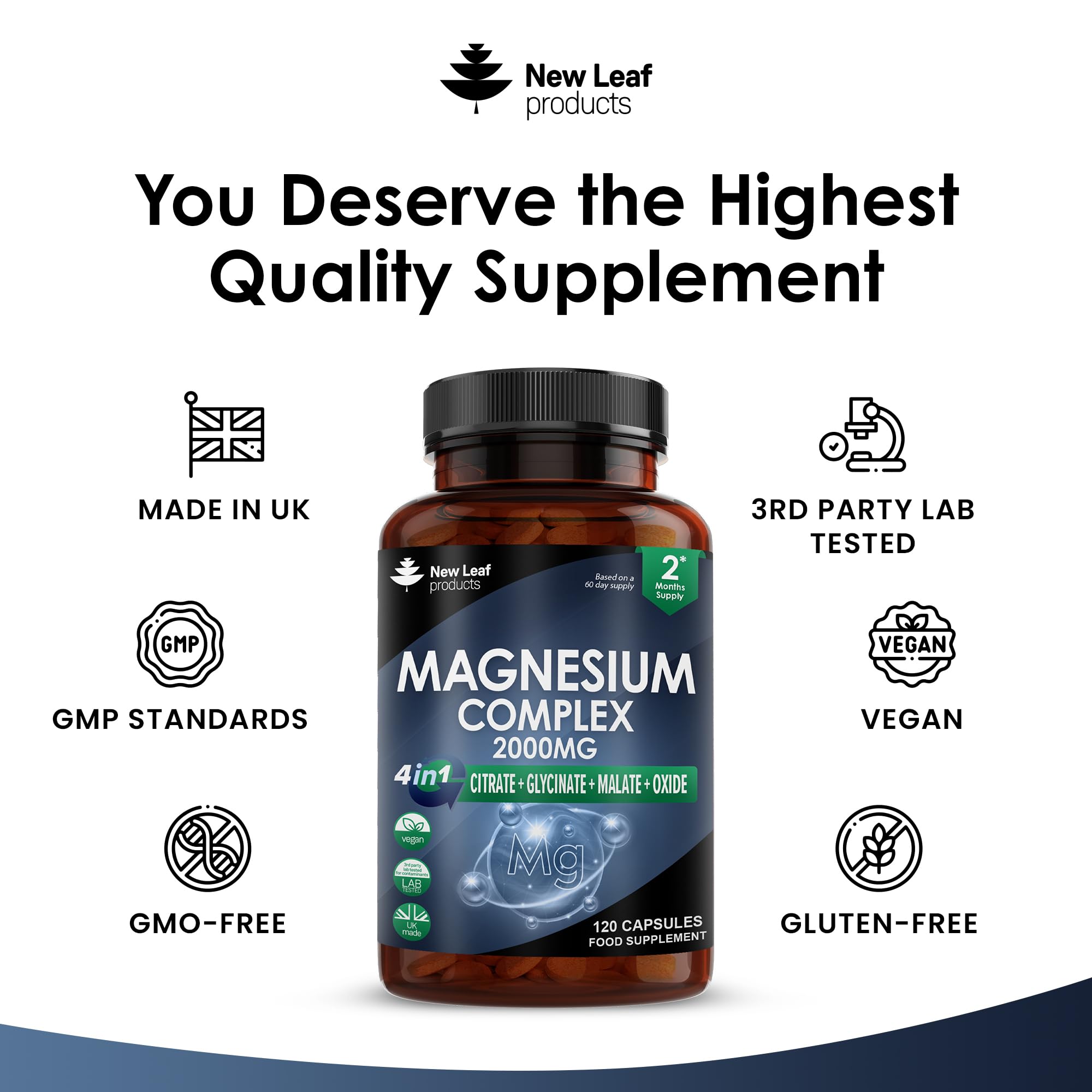 Magnesium Glycinate 4-in-1 Complex 2000mg - High Strength Magnesium Supplements - Magnesium Bisglycinate,Citrate, Malate, Oxide - 360 Capsules 449mg Elemental Magnesium - Vegan UK Made by New Leaf