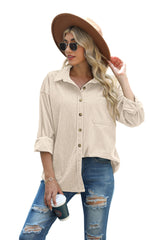 QIXING Womens Corduroy Oversized Shacket Button Down Boyfriend Shirts V Neck Cotton Long Sleeve Blouses with Pocket Casual Work Jacket for Women UK Ladies Tops Autumn Winter (Beige, XXL)