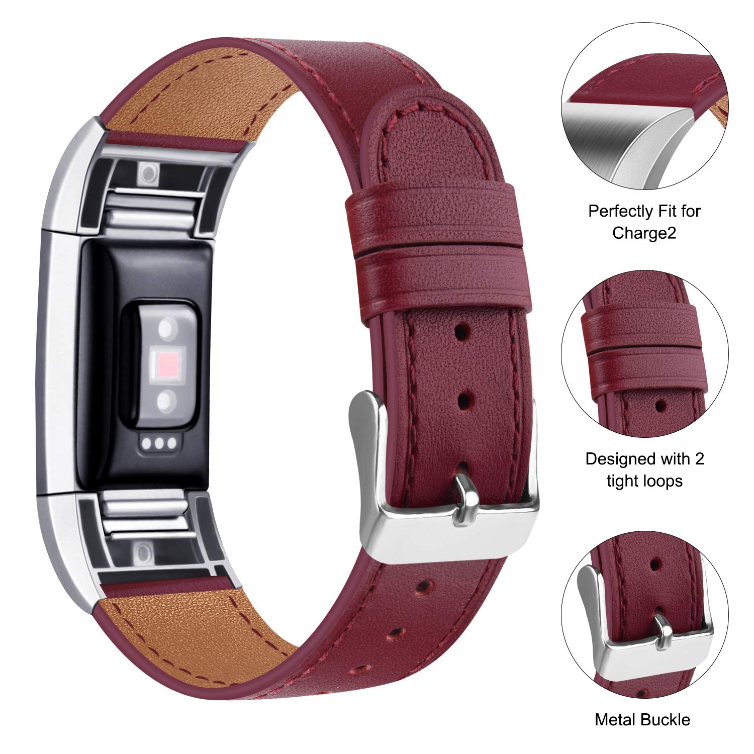 Wanme For Fitbit Charge 2 Strap Leather Straps, Classic Adjustable Replacement Straps with Metal Connectors for Fitbit Charge 2 (05 Wine Red, 5.5 inches - 8.1 inches)