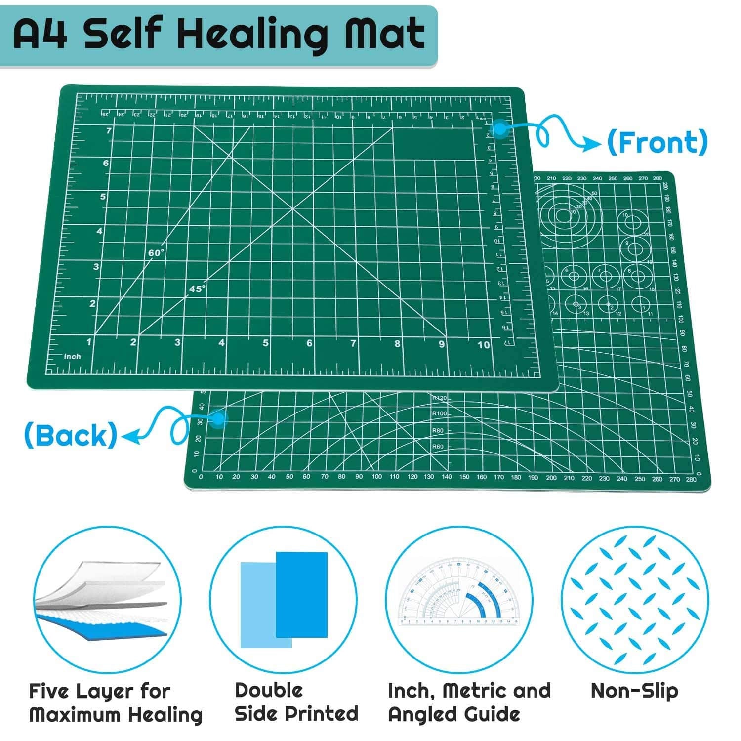 Self Healing Sewing Mat, Anezus Rotary Cutting Mat Double Sided 5-Ply Craft Cutting Board for Sewing Crafts Hobby Fabric Precision Scrapbooking Project 9 inches x 12 inches(A4)