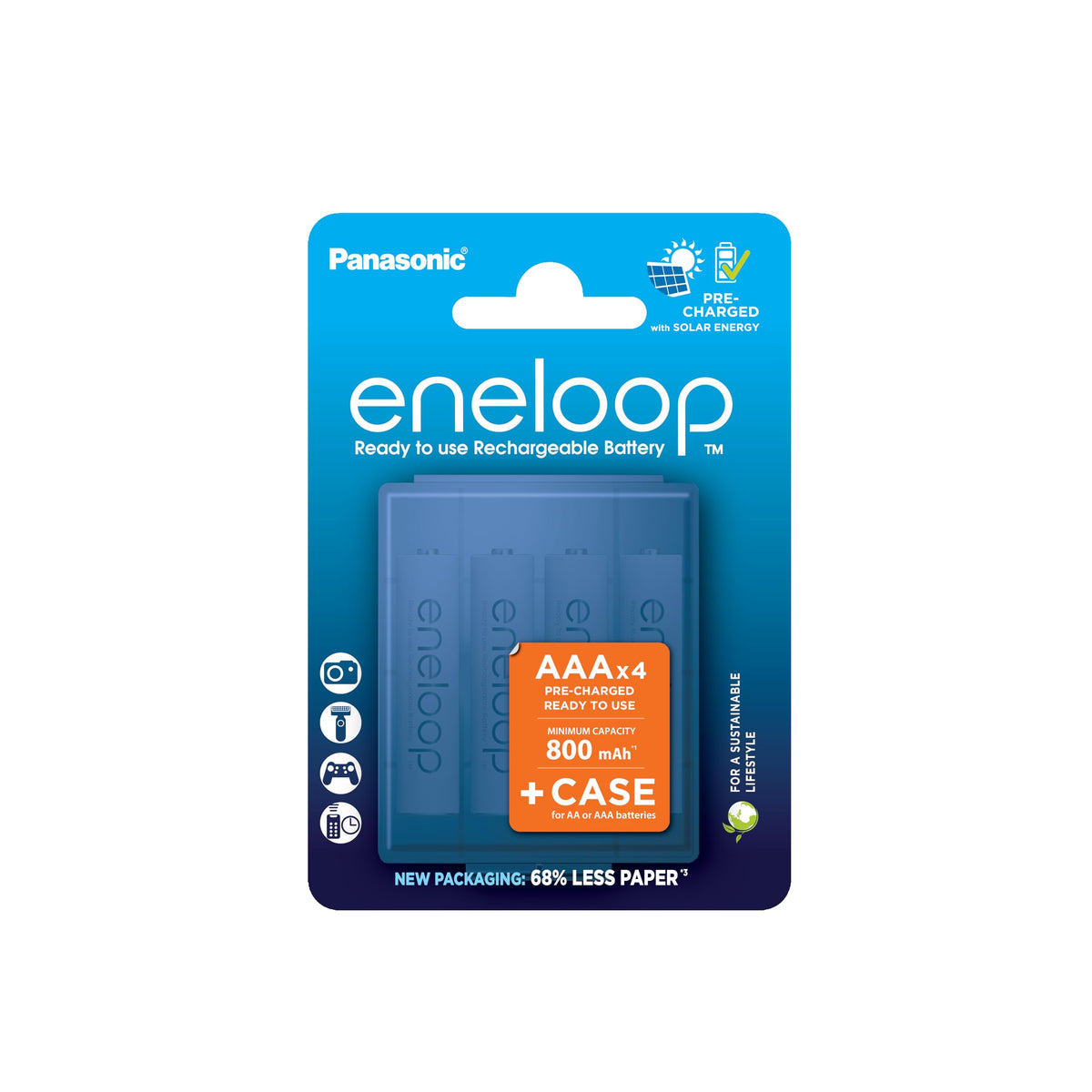 eneloop, AAA/Micro, rechargeable battery, 4-pack, capacity of 800 mAh, ready-to-use Ni-MH batteries, 2000 recharge cycles, plastic free packaging, standard, white