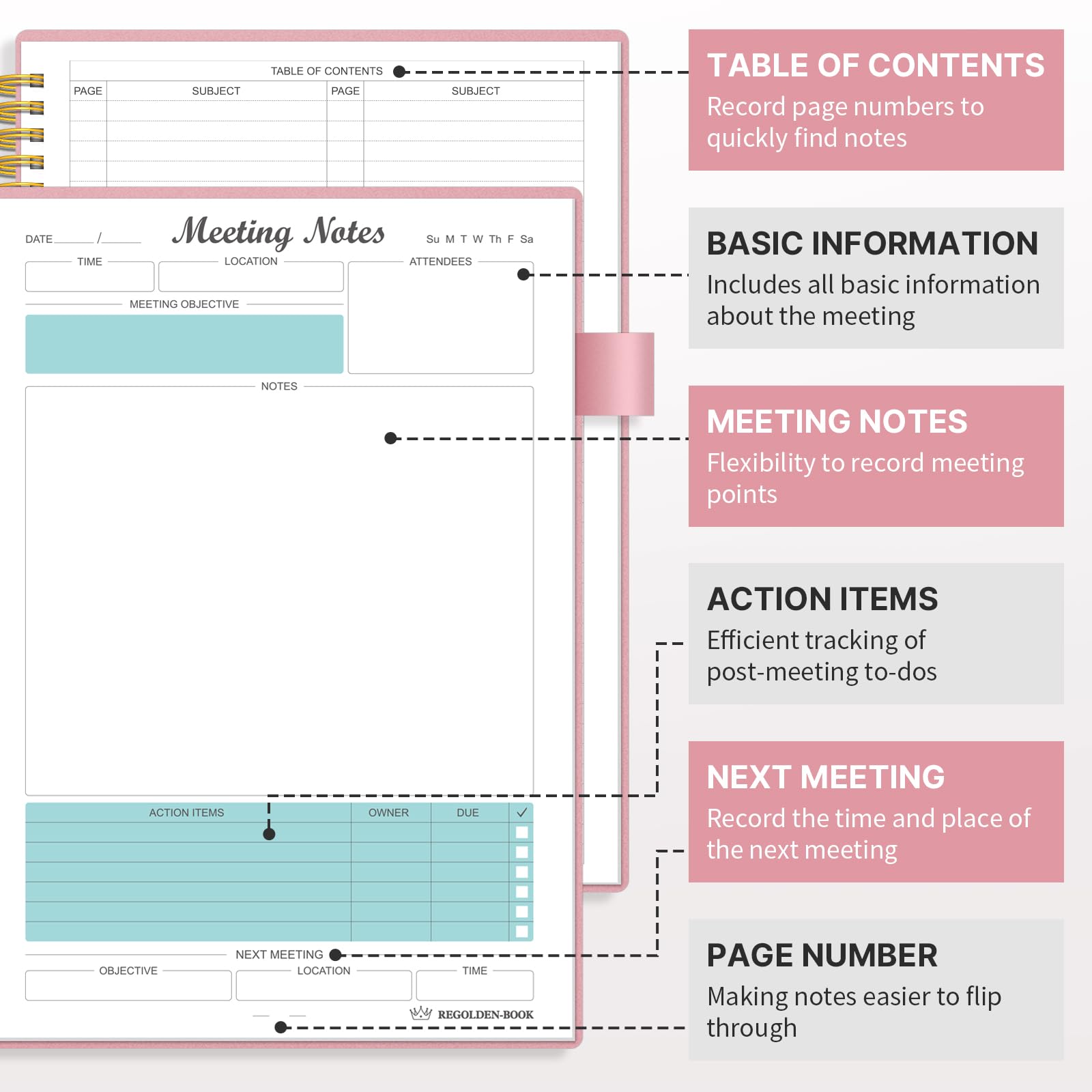 Regolden-Book Meeting Notebook for Work with Action Items, Project Planner Notebook for Note Taking, Office/Business Meeting Notes Agenda Organizer for Men & Women, 160 Pages (7”x10”), Pink