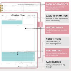 Regolden-Book Meeting Notebook for Work with Action Items, Project Planner Notebook for Note Taking, Office/Business Meeting Notes Agenda Organizer for Men & Women, 160 Pages (7”x10”), Pink