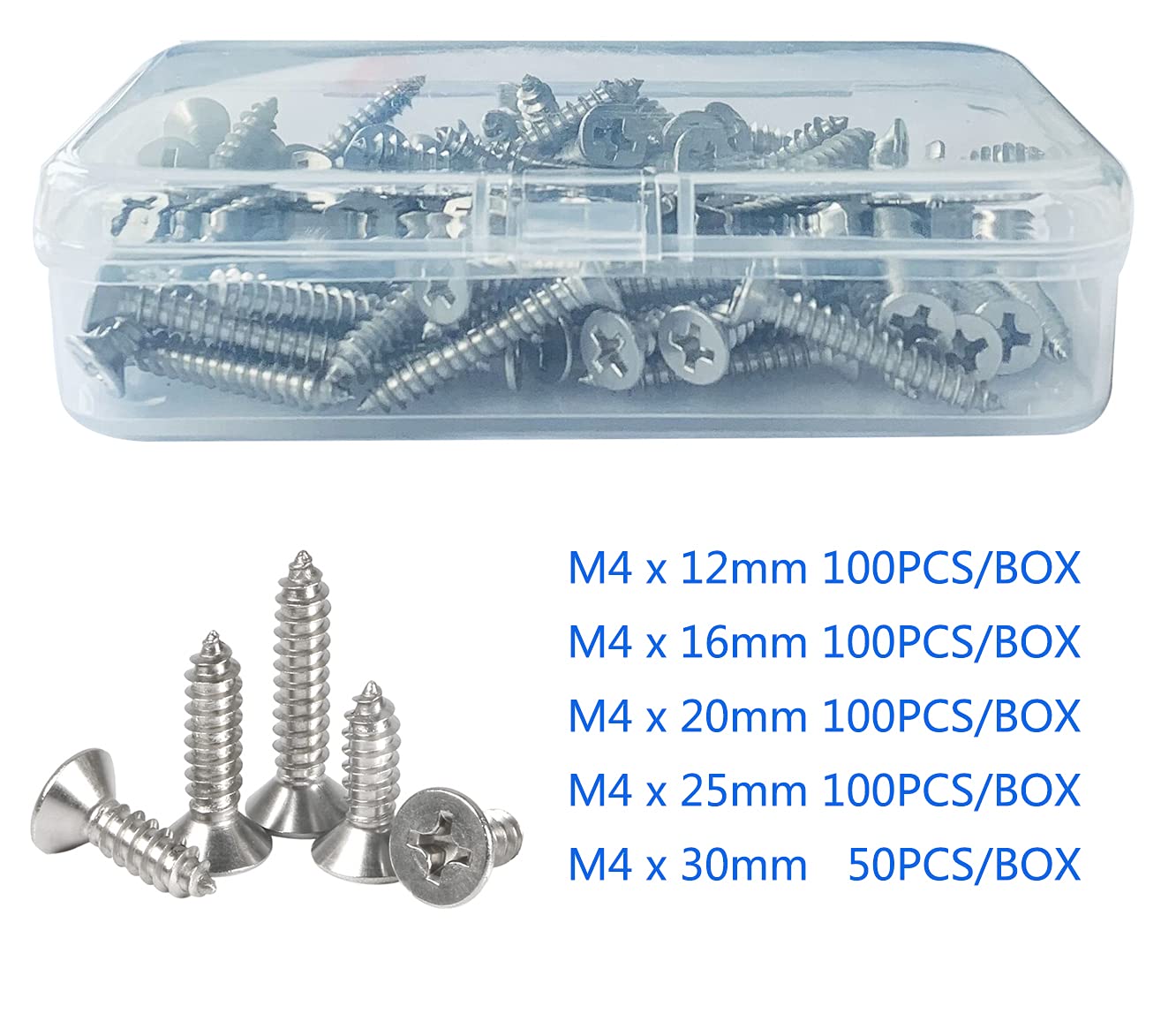 M4 Stainless Steel Self Tapping Screws,100pcs M4x16mm Phillips Flat Head Wood Srews DIY Woodworking Screws with Box (M4 X 16mm 100 PCS)