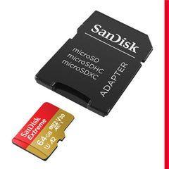 SanDisk 64GB Extreme microSDXC card andSD adapter, microSD card for smartphones, action cameras, drones, V30, up to 170 MB/s, SanDisk QuickFlow Technology, RescuePro Deluxe, UHS-I, 4k, V30, A2, C10, U3