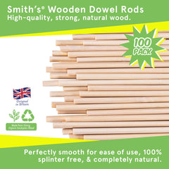 Wooden Dowel Rods by Smith’s® (100 Pack / 15cm x 4mm)   Unfinished, Natural, Organic Wood Sticks   FSC Approved   Perfect for Craft Projects, DIY, Art Works, Woodcraft, & More!