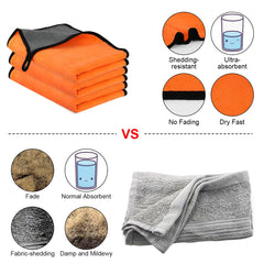 URAQT Microfibre Cleaning Cloths, 3 Pack Car Cleaning Cloths, Two-layer Thickened Microfibre Towels, Lint Free Super Absorbent Cleaning Towel for Car Washing, Drying, Detailing, Orange, 40x60cm