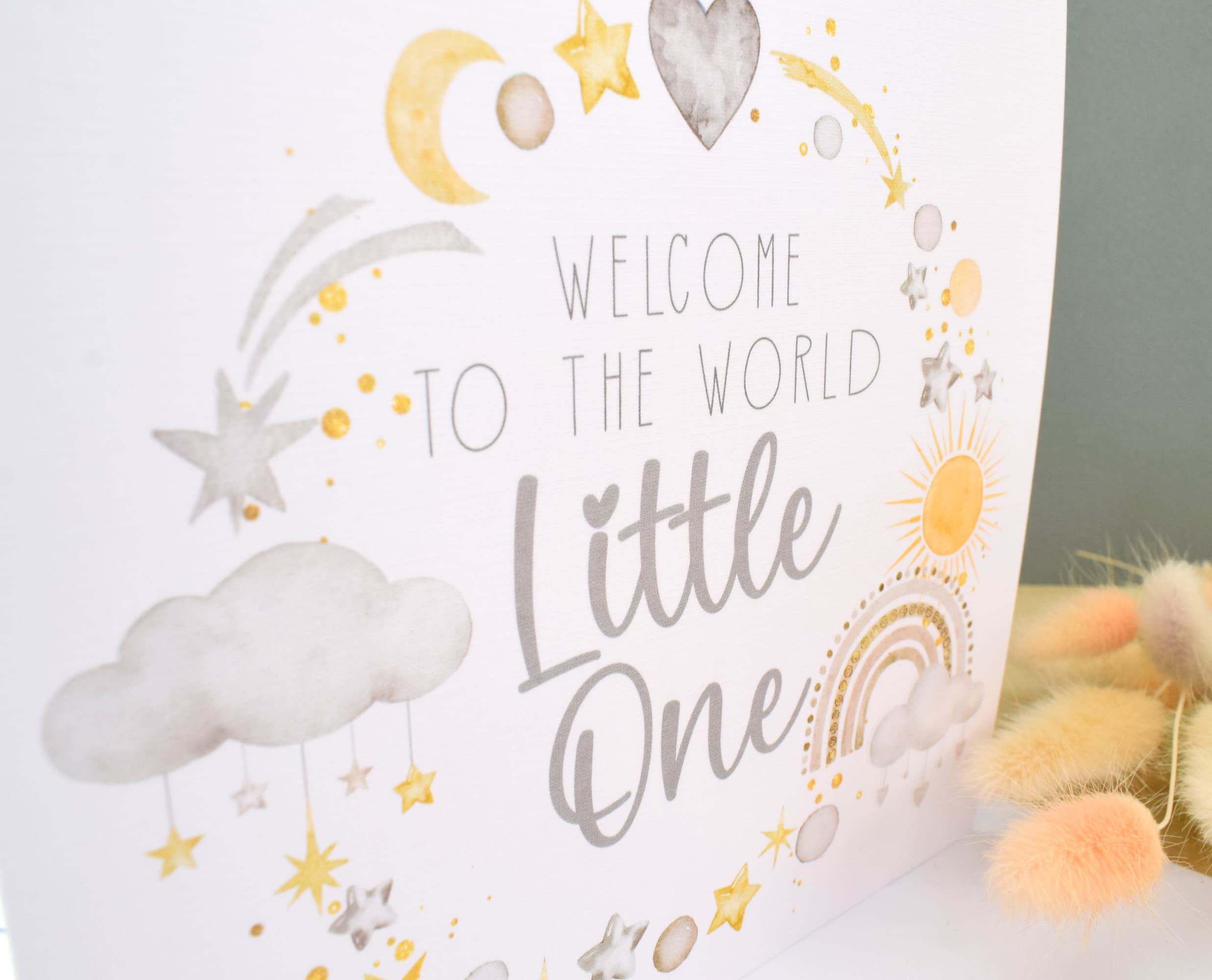 New Baby Card. Girl or Boy. Gender Neutral. Newborn Congratulations. Welcome to World Card. Watercolour Grey Yellow Cloud Star Rainbow. Square Modern Greeting Card