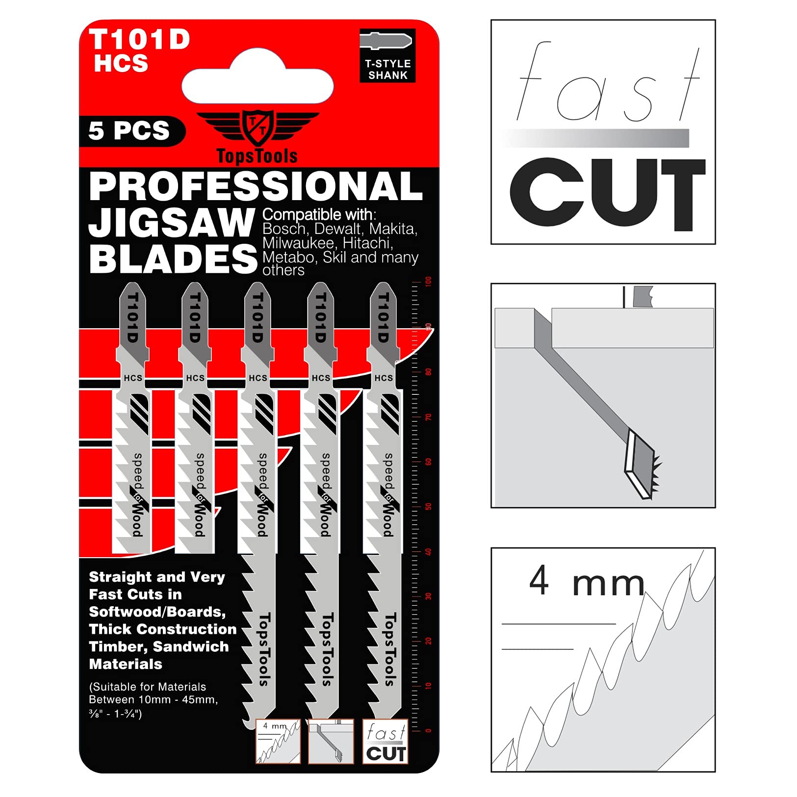 25 x TopsTools T101D Clean and Fast Cuts Jigsaw Blades Compatible with Bosch, Dewalt, Makita, Milwaukee and many more