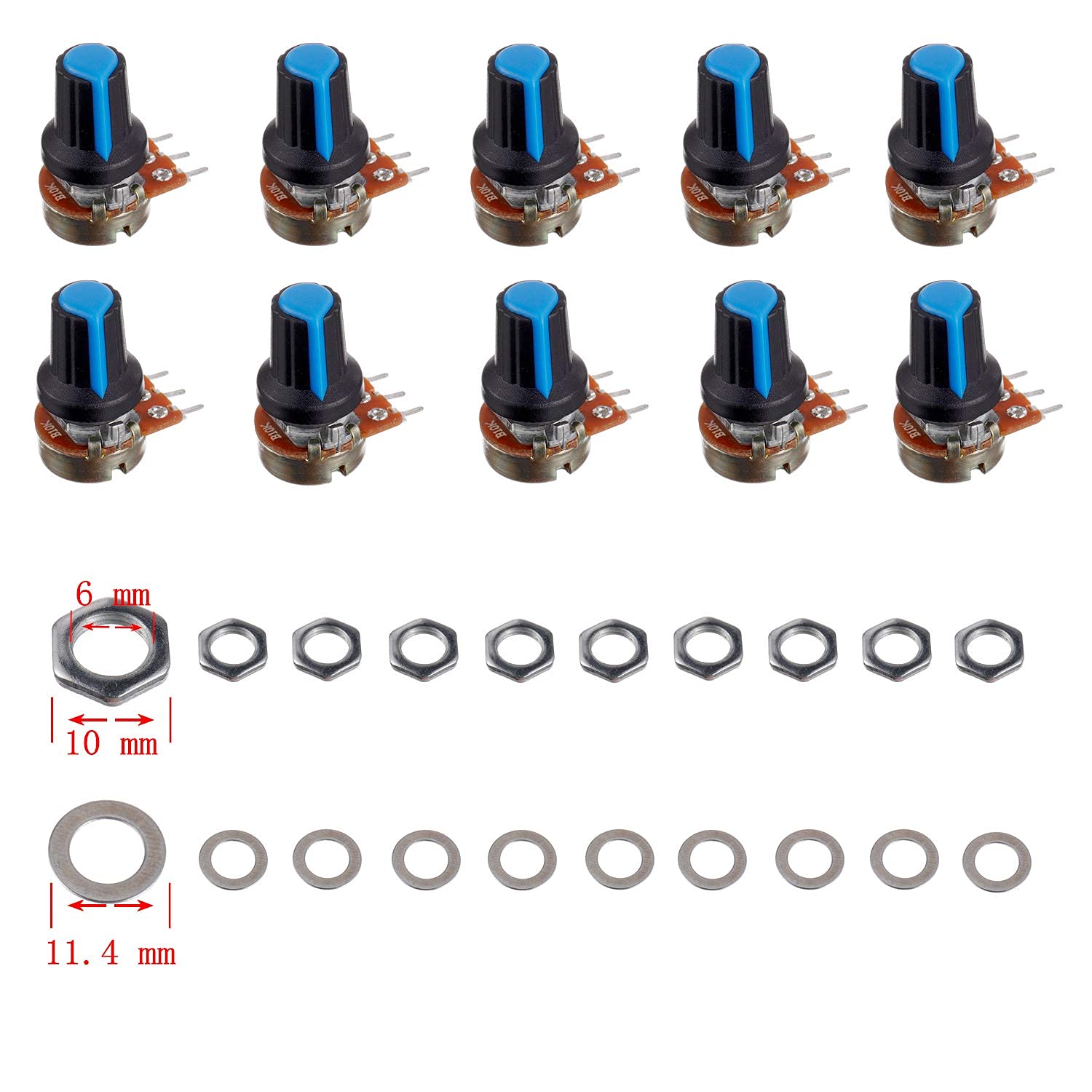 BOJACK 10 Sets B10K Knurled Shaft 3 Terminals Linear Taper Rotary Potentiometer(WH148)10K Ohm Single Turn Carbon Film Variable Resistor with Blue Plastic Knobs Kit