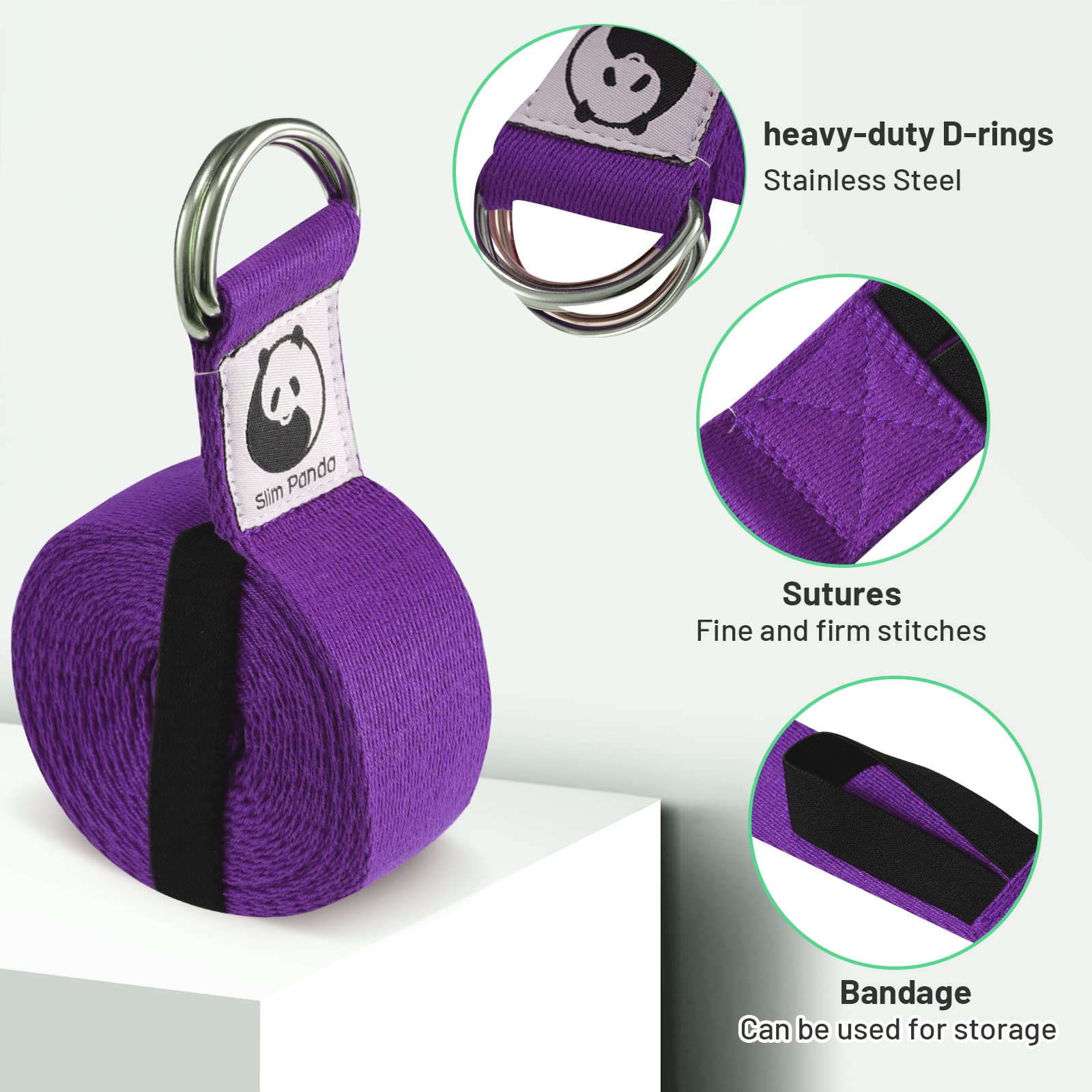 Slim Panda Yoga Belt Strap with Double D Rings Buckle 1.85 or 2.5M, Durable Cotton Adjustable Belt Perfect for Holding Poses, Improving Flexibility and Physical Therapy, Purple