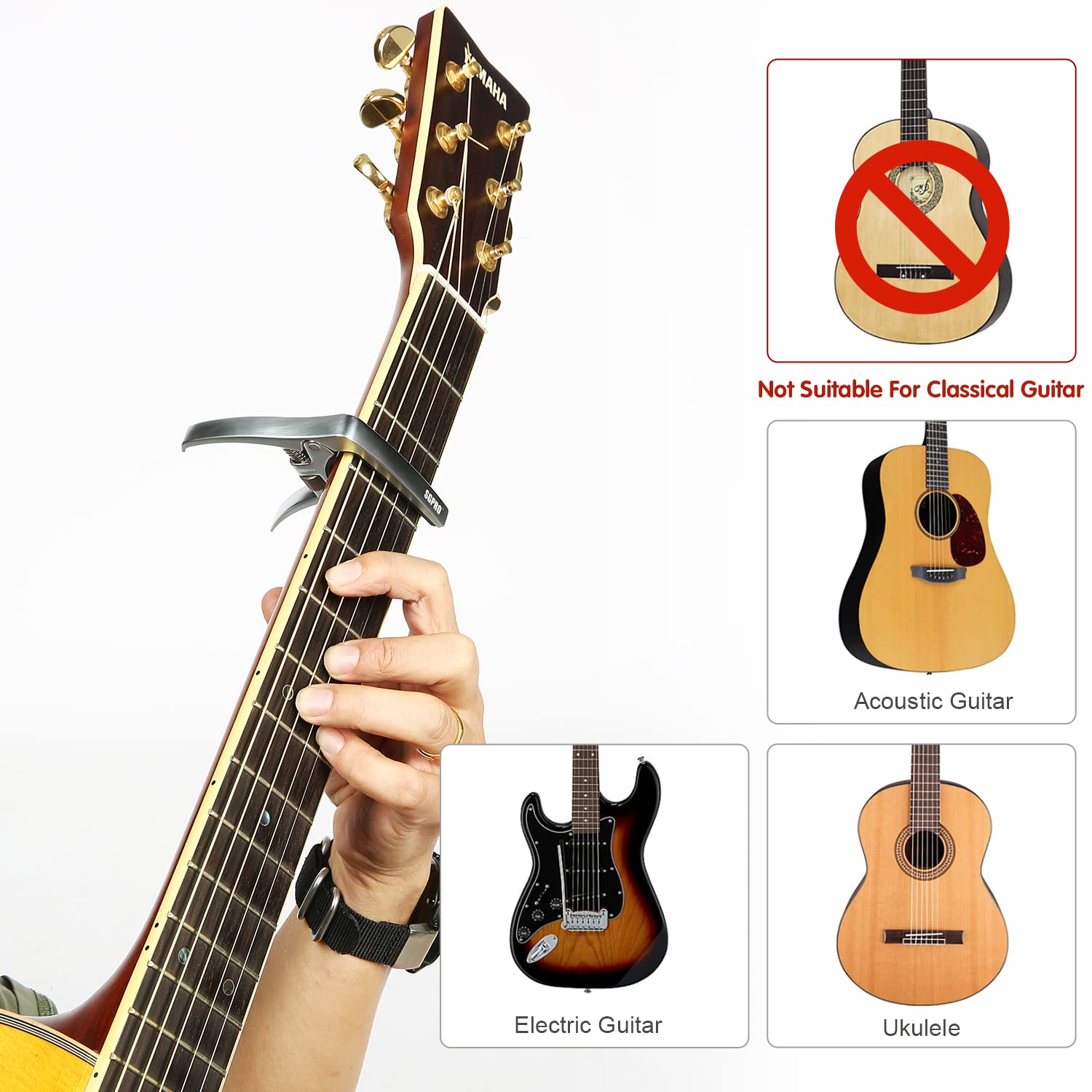 SGPRO Capos for Acoustic Guitars, Electric Guitars and Ukulele, Superior Zinc Alloy and Silicone Made (Adjustable 2 in 1)