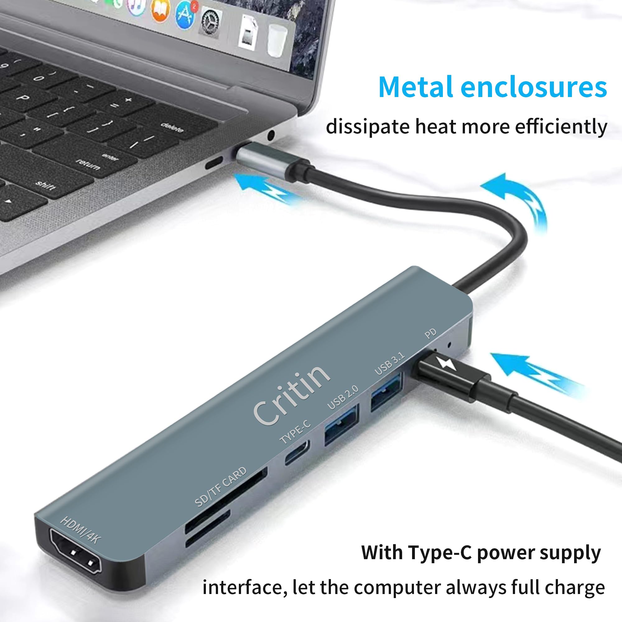 USB C hub,7-in-1 USB C multi-port adapter with 4K HDMI,100W PD,USB-C and 2 USB-A data ports 5Gbps, SD&TF card slots,Aluminum USB Type C Hub,for MacBook Pro Air,Surface Pro,iPad Pro,XPS, HP,Lenovo etc