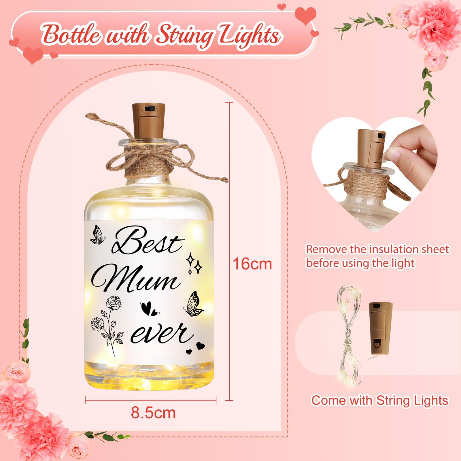 Linkax Gifts for Mum, Mum Birthday Gifts from Daughter Son Kids, LED Bottle Decorative Light with Saying-Best Mum Ever, Presents for Mum Mummy, Thanksgiving Gifts for Mum Nan Nanny