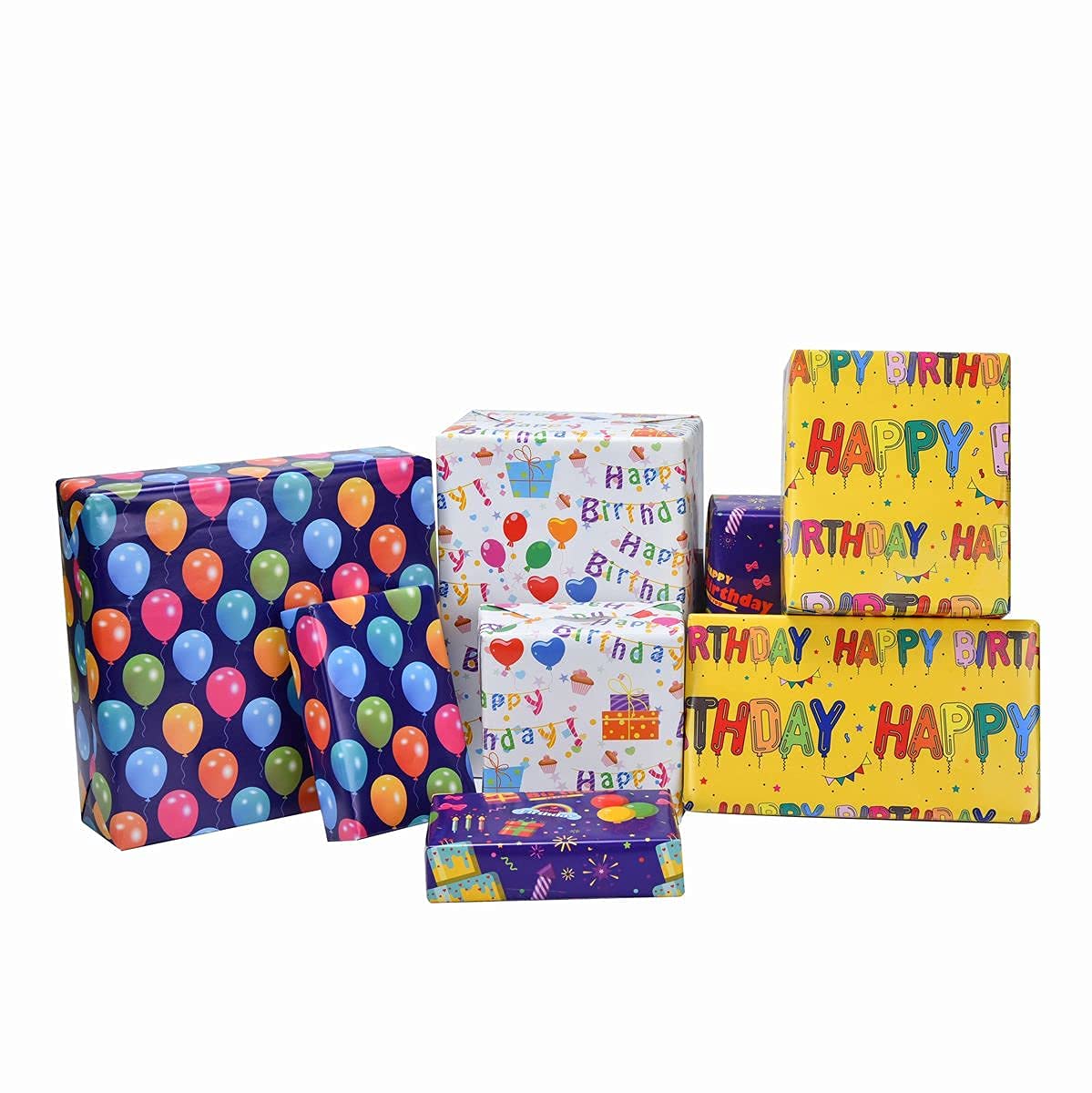 Birthday Gift Wrapping Paper, 8 Pack 70x50cm Folded Sheets with Free Birthday Card for Men, Women, Kids Presents Wrap