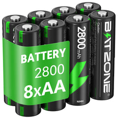 BATZONE 8 x AA Rechargeable Batteries, Ni-MH 2800mAh High Capacity AA Battery, 1200 Tech Ni-MH Batteries, Low Self-discharge 1.2V AA, with 2 x Battery Protection Boxes