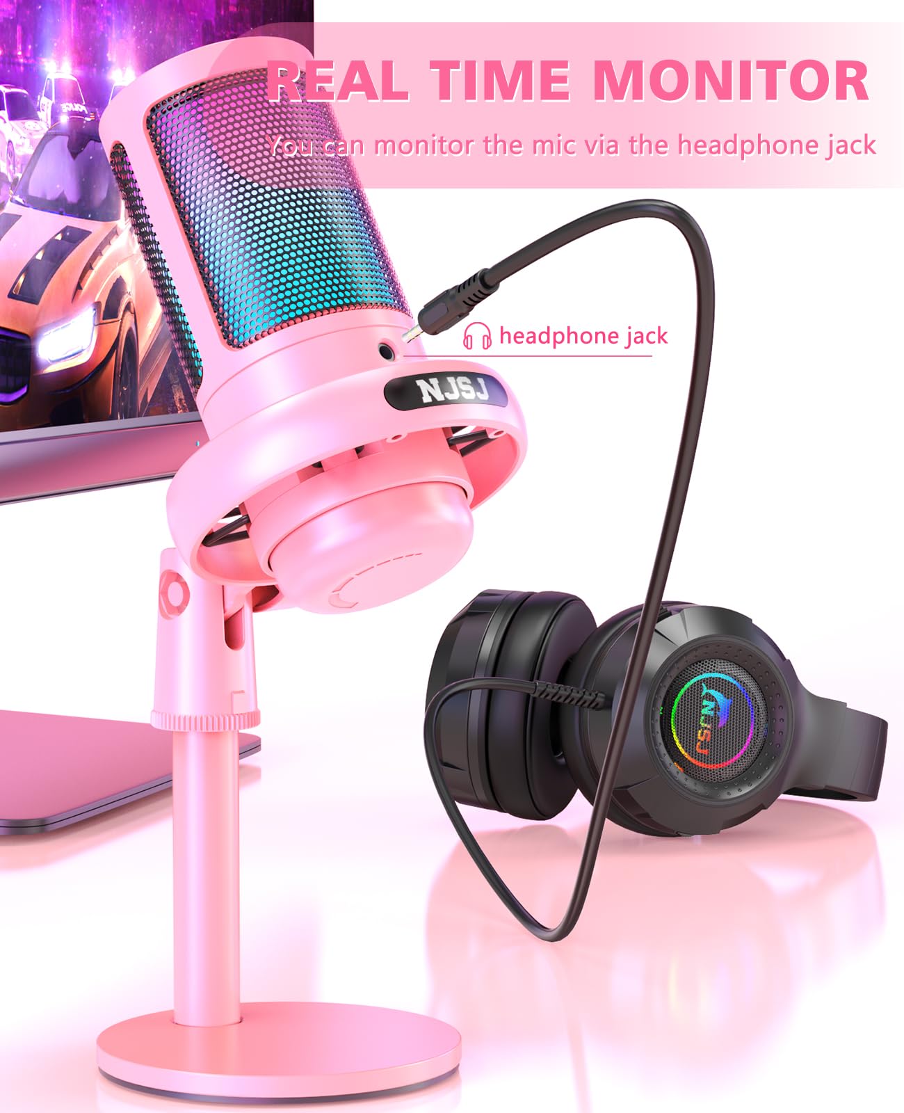 NJSJ Gaming Microphone, USB Microphone for PC/ PS4/ PS5/ Mac/Phone, Condenser Mic with Touch Mute, Brilliant RGB Lighting, Gain knob & Monitoring Jack for Recording, Streaming, Podcasting (Pink)