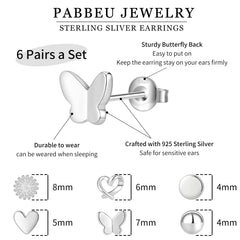 6Pairs Silver Studs Earrings for Women Sterling Silver Stud Earrings 6Pairs Silver Studs Earrings for Women Star Moon Ball Heart Studs Earrings Sets for Teens Girls Gifts with Boxs