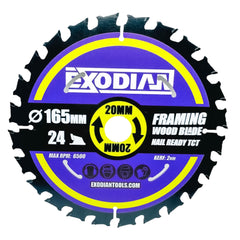 Exodian 24t 20 x 165mm Circular Saw Blade Framing 20mm Bore, Thick 2mm Kerf