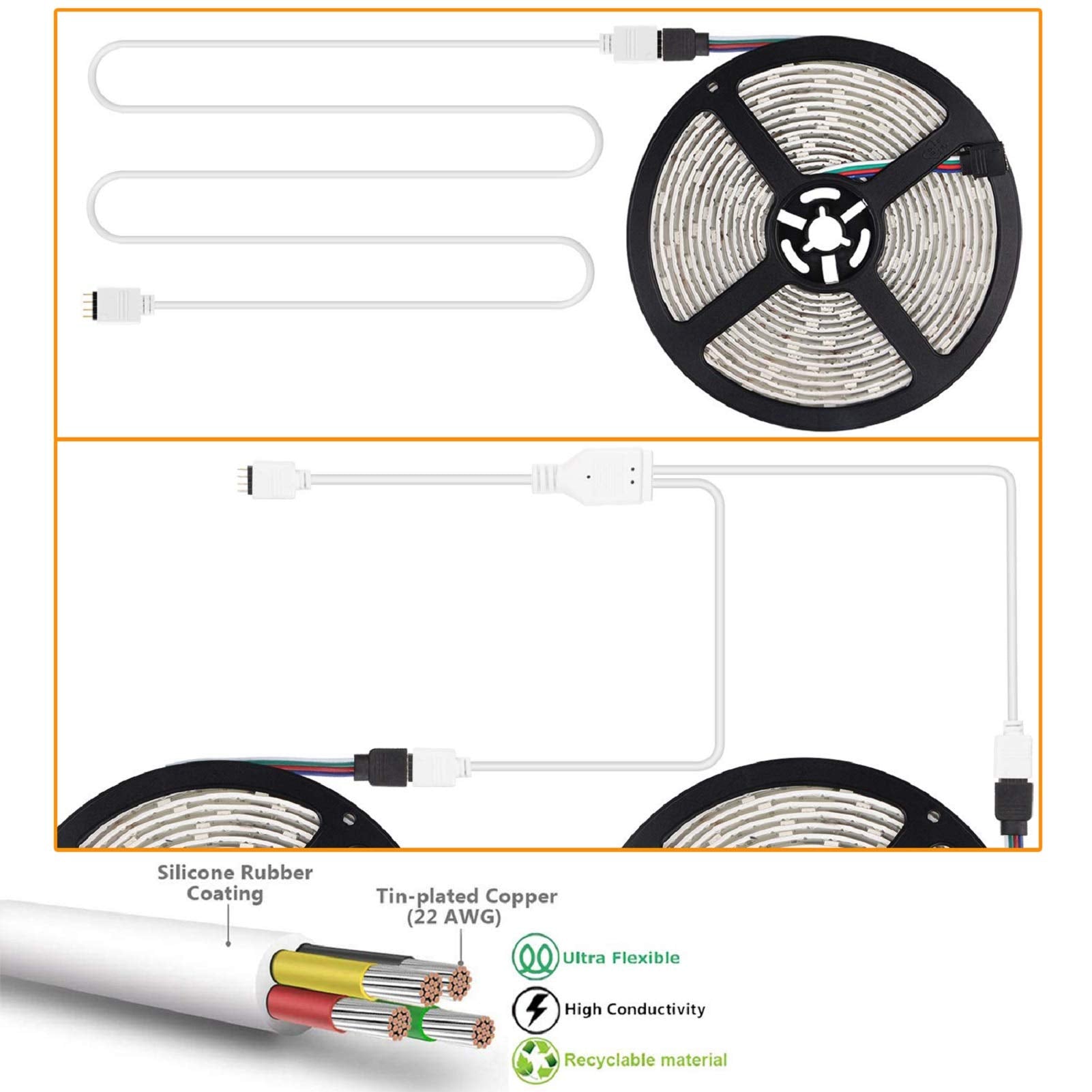 REDTRON LED Light Connector Kit, 10mm RGB LED Connector Includes 10x L Shape Connectors,2M LED Strip Light Extension Cable,4X Strip to Strip Jumpers,5X 4 Pin Male Connectors