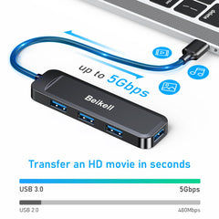 Beikell USB 3.0 Hub, USB Data Hub 4 Ports Ultra Slim High Speed for Macbook, Mac Pro/Mini, iMac, Surface Pro, XPS, USB Drives, Notebook PC, Laptop, External Hard Drives, etc.