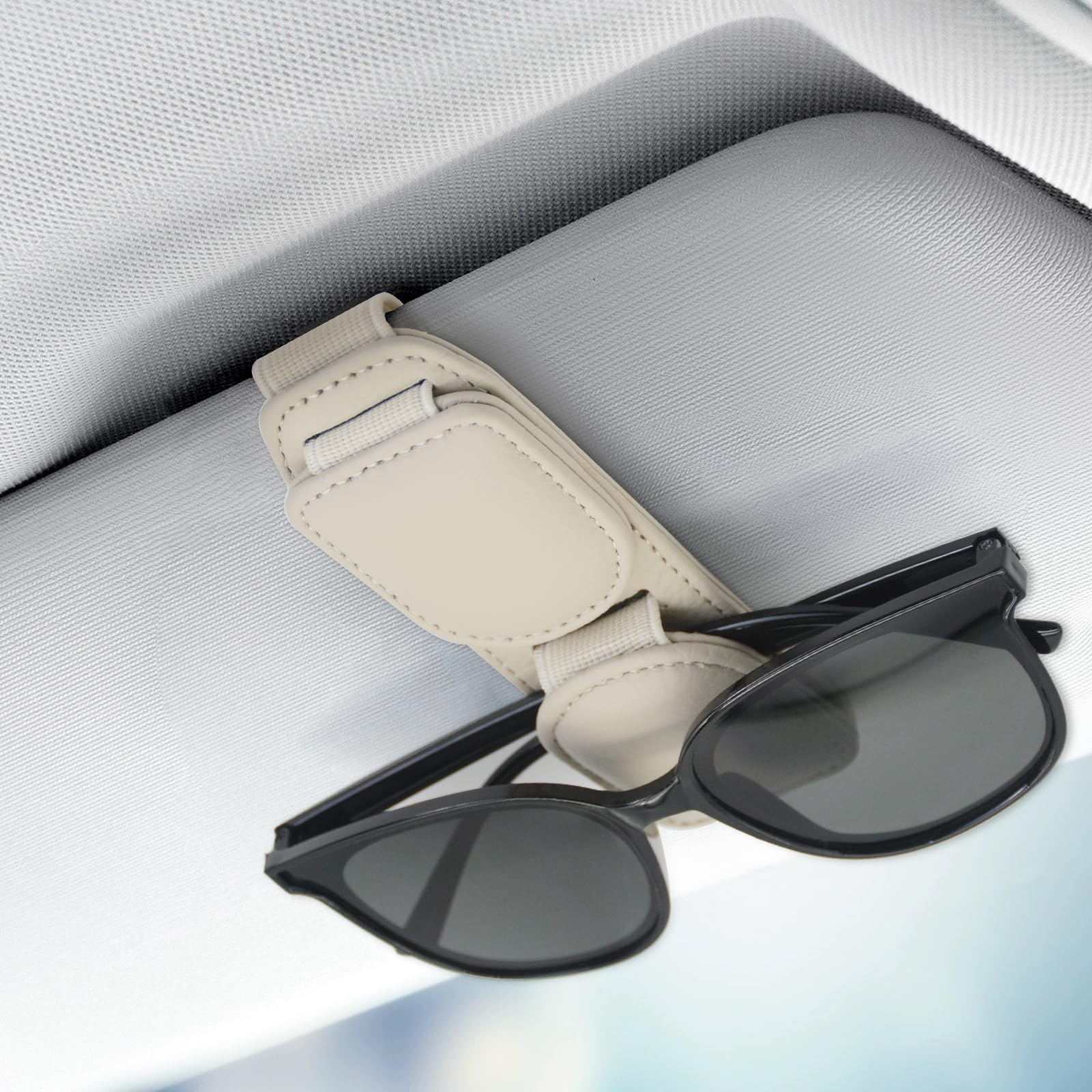 BILIONE Magnetic Leather Sunglass Holder,Car Glasses Clip for two glasses, Eyeglass Hanger Clip for Car Sun Visor, Suitable for Different Size Eyeglasses (Beige)