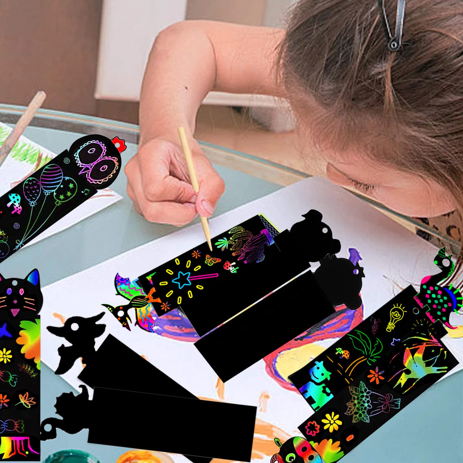 Animal Scratch Art for Kids, 48Pcs Magic Rainbow Bookmarks for Children, Scratch Art Party Bag Fillers, Craft DIY Scratch Paper Art Tags with Wooden Stylus and Ribbons for Classroom Birthday Gifts