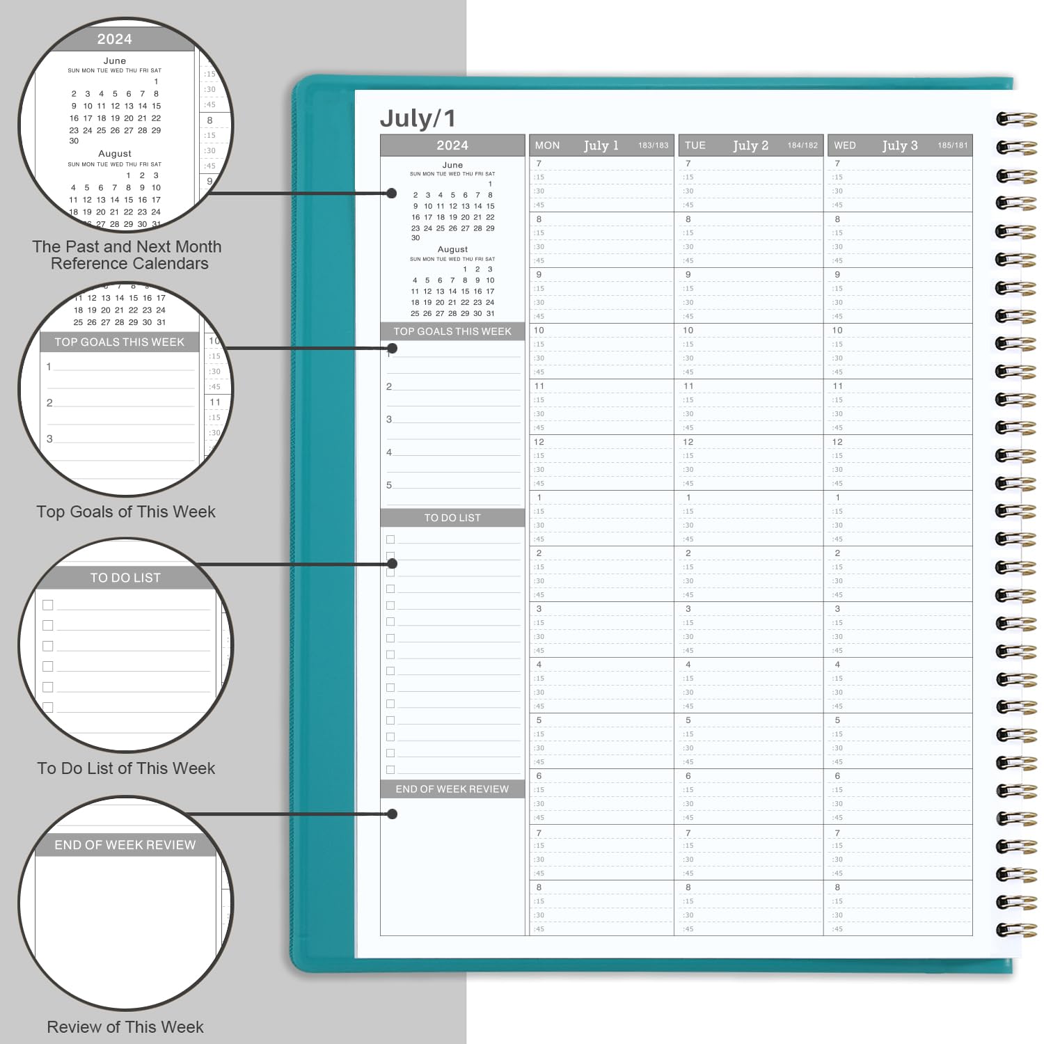 Appointment Diary 2024-2025 - Academic Diary 2024-2025 from Jul. 2024 to Jun. 2025, A4 Week to View Appointment Book 2024-2025 in 15 Minutes with Times, Soft Leather Cover, 21.8 x 29 cm - Lake Green